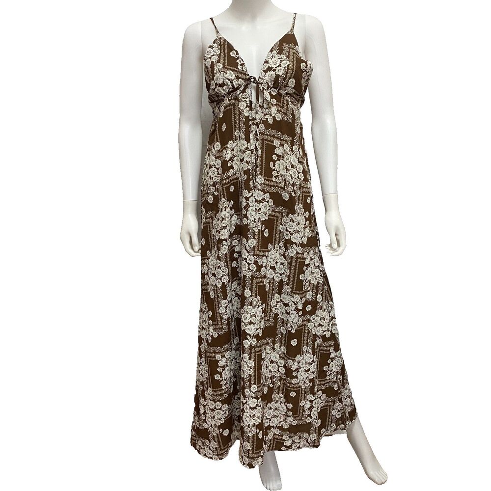 Paper Heart Maxi Dress L Brown Floral Open Back Boho Summer